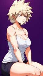 1girls ai_generated bakugou_mitsuki blonde_hair breasts cleavage female large_breasts looking_away messy_hair pencil_skirt red_eyes serious shiny_skin spiky_hair tank_top