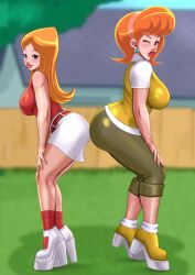 2girls back_view candace_flynn clothed clothing disney disney_channel disney_xd female_only ginger huge_ass huge_breasts light_skin linda_flynn-fletcher milf mother_and_daughter outdoor phineas_and_ferb red_hair short_hair side_view sideboob skirt teenager thick_ass thick_thighs white_female xkorner