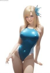 ai_generated bangs bare_shoulders big_breasts blonde_hair blue_eyes boku_wa_tomodachi_ga_sukunai breasts busty collarbone covered_nipples curvaceous curvy curvy_body curvy_female curvy_figure female female_only grin grinning hair_ornament looking_at_viewer nai_diffusion parted_lips patreon_username pujopg school_swimsuit sena_kashiwazaki sideboob sidelocks simple_background solo solo_female swimsuit teenage_girl teenager tight_clothing white_background