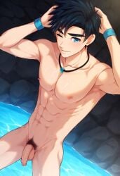 ai ai_art ai_assisted ai_generated avan_geiserford beach flaccid_penis gay jock_studio mikkoukun pubic_hair solo_male wet_body wet_skin yaoi