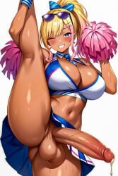 1futa ai_generated blinking blonde_hair cheerleader cheerleader_uniform cleavage dripping_cum futa_only futanari gyaru hi_res huge_balls huge_cock looking_at_viewer marrielobste one_eye_closed one_leg_up self_upload smile smiling smiling_at_viewer sweat thick_thighs