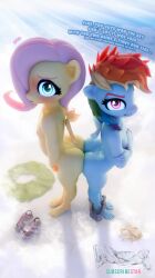 2girls aged_down ass blue_eyes cub dduns dialogue english_text female female_only filly fluttershy_(mlp) friendship_is_magic hasbro height_difference my_little_pony nipples nude nude_female pink_hair purple_eyes rainbow_dash_(mlp) rainbow_hair sideboob snuddy text