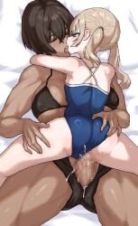 2girls blonde_hair breasts brown_hair censored competition_school_swimsuit dark-skinned_futanari dark_skin futa_on_female futa_with_female futanari hands_on_another's_thighs height_difference highres kei_(m_k) large_breasts long_hair m_k mosaic_censoring multiple_girls original petite ponytail rika_(m_k) school_swimsuit short_hair simple_background size_difference sweat swimsuit tall tall_female tan tomboy