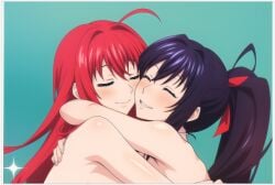 2females 2girls 2women ai_generated akeno_himejima black_hair closed_eyes girl_on_girl girls_love high_school_dxd hug hugging_each_other lesbian_couple lesbians light-skinned_female love lovers red_hair rias_gremory smiley_face yuri