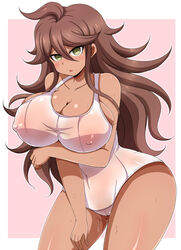 1girls afuro ahoge areolae blush breast_hold breasts brown_eyebrows brown_hair cameltoe cleavage collarbone curvy danganronpa danganronpa_3 dark-skinned_female dark_skin embarrassed eyebrows eyebrows_visible_through_hair female female_only green_eyes hair_between_eyes huge_breasts long_hair looking_at_viewer nipples one-piece_swimsuit owari_akane see-through see-through_swimsuit simple_background solo standing straight_hair super_danganronpa_2 sweat sweaty_breasts swimsuit tan thighs thin_eyebrows uncensored white_swimsuit wide_hips