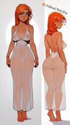 1girls ai_assisted ai_enhanced ai_generated blue_eyes braid cleavage curvaceous female female_only freckles hourglass_figure large_breast nipples no_bra no_panties original_character red_hair seductive see-through sibeal sibeal_anisley solo standing transparent_clothing white_dress wide_hips