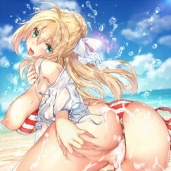 after_sex ahoge aimee_(emi) areolae ass bare_shoulders beach bent_over bikini blonde_hair braid breast_slip breasts cum cum_on_ass fate/extra fate/grand_order fate_(series) female from_behind green_eyes hair_ornament hair_ribbon huge_breasts long_hair long_twintails looking_back nero_claudius_(fate) nero_claudius_(swimsuit_caster) nipple_slip nipples ocean open_mouth outdoors panties_aside puffy_nipples pussy red_bikini red_swimsuit see-through shirt side-tie_bikini solo spread_legs standing striped_bikini summer swimsuit tongue tongue_out twintails water wet white_shirt