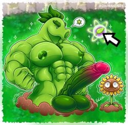 2025 abs alternate_version_available ambiguous_gender anthro artist_name balls big_penis chest_tuft completely_nude erect_nipples erection genital_fluids genitals grass green_body gulp hi_res huge_cock jv_draws jx_drawings jxdrawings large_cock large_penis looking_at_another looking_at_viewer male male/ambiguous muscular muscular_male navel nervous nipples nude nude_male pecs penis plant plants_vs_zombies repeater_(pvz) scared size_difference sunflower_(pvz) sweat veiny_penis
