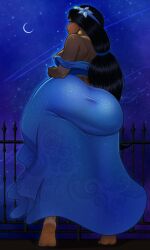 aladdin aladdin_(1992_disney_film) ass barefoot black_hair blue_dress bookiebough brown_skin clothed_female disney disney_princess middle_eastern_female princess_jasmine