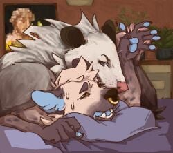 american_opossum anthro hand_holding hyena male male/male mammal marsupial mossillusion offscreen_sex