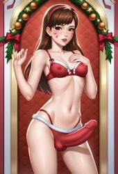 ai_generated bangs bow bow_bra bra breasts brown_eyes brown_hair brunette brunette_futa christmas christmas_lights christmas_ornaments collarbone cowboy_shot d.va erection facepaint facial_mark futa_only futa_solo futanari green_bow hand_on_own_chest indoors large_penis long_hair looking_at_viewer medium_breasts merry_christmas navel newhalf nipples ornament overwatch panties parted_lips penis realistic_breast_size realistic_penis_size red_bow red_bra red_panties ribbon santa_bikini santa_costume small_breasted_futa small_breasts solo solo_futa standing star_(symbol) swept_bangs testicles underwear veins whisker_markings wreath