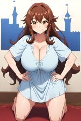 ai_generated brown_eyes brown_hair cleavage hands_on_hips kneeling large_breasts sexy_clothing sexy_dress