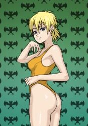 ass blonde_hair blue_eyes bluesalm0n female female_only hellsing looking_at_viewer looking_back seras_victoria short_hair smile swimsuit