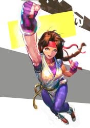 1girls big_breasts brown_eyes brown_hair busty female gloves headband karate_gi king_of_fighters latex leggings light-skinned_female light_skin long_hair nao3art sneakers thick_thighs thighs tied_hair voluptuous voluptuous_female wide_hips yoga_pants yuri_sakazaki