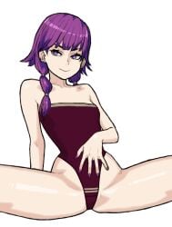 bluesalm0n braided_hair female female_only fire_emblem hand_on_belly looking_at_viewer lute_(fire_emblem) purple_eyes purple_hair smile spread_legs swimsuit swimwear