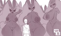 1boy 3girls alpha_lopunny alpha_pokemon anthro areola ass big_breasts big_butt biped blush breast_size_difference breasts breasts_bigger_than_head buckteeth censored closed_smile clothed clothing dialogue digital_drawing_(artwork) digital_media_(artwork) eyebrows female front_view fur generation_4_pokemon genitals group hi_res huge_breasts huge_butt human imminent_sex larger_anthro larger_female looking_at_another looking_at_viewer lopunny male mammal mosaic_censorship mouth_closed navel nintendo nipples pokemon pokemon_(species) pokephilia pose pussy saltyxodium size_difference smaller_human smaller_male smile teeth text thick_thighs wide_hips