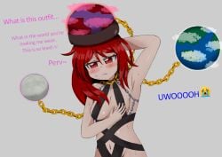 armpits blush breasts chains collarbone female hecatia_lapislazuli navel red_eyes red_hair simple_background swimsuit touhou xsmile