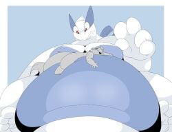 1boy bbm big_breasts breasts castdraws_(artist) cleavage huge_breasts lugia moobs overweight pokemon pokemon_(species) thick_thighs wide_hips