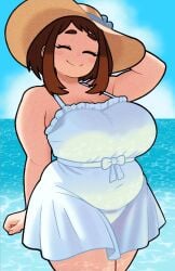 1girls absurd_res arms_above_head beach big_breasts blush boku_no_hero_academia breasts brown_hair busty champchidi chubby chubby_female closed_eyes clothed clothing curvaceous curvy curvy_female curvy_figure digital_media_(artwork) eyebrows eyelashes female female_focus female_only glistening glistening_body headgear headwear hi_res light-skinned_female light_skin motion_lines my_hero_academia ochako_uraraka plump solo superheroine thick_thighs twitter_link voluptuous voluptuous_female wide_hips