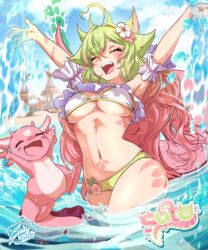 1girls ahoge bikini breasts closed_eyes commentary covered_nipples curvy english_commentary female gradient_hair green_bikini highres indie_virtual_youtuber long_hair multicolored_hair open_mouth pink_hair roisin smile splashing suto_(vtuber) swimsuit thighs underboob virtual_youtuber vtuber water