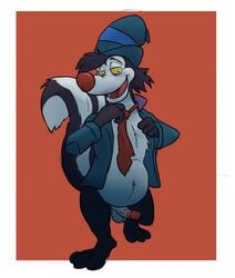 2017 3_toes anthro azul_(artist) balls biped bonkers bottomless clothed clothing digital_media_(artwork) disney erection fur male male_only mammal necktie open_mouth penis shirt simple_background skunk skunky_skunk smile solo striped_tail stripes toes undressing