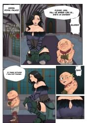 black_hair boots cd_projekt_red comic comic_page corset deformed_face heel_boots lace mrpheromones purple_eyes the_witcher the_witcher_(series) the_witcher_3:_wild_hunt thigh_highs thighhighs ugly_man uma_(the_witcher) yennefer
