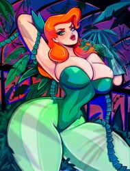 1girls dc_comics dc dcau poison_ivy poison_ivy_(dcau) theartofmathew 2025 orange_hair hair long_hair heart-shaped_pupils green_eyes thick_lips big_lips lips rose vines arm_behind_head big_breasts breasts cleavage green_leotard leotard leggings legwear green_legwear wide_hips hips thin_waist solo solo_female female female_only