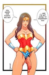 1futa 2017 amazon anasheya areolae balls big_penis black_hair blue_eyes breasts cleavage dc_comics erection futa_only futadom futadom_caption futanari hourglass_figure intersex lipstick nipples penis solo solo_futa speech_bubble testicles text voluptuous wonder_woman wonder_woman_(series)