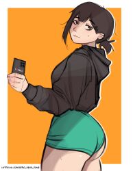 1girls 2025 2d 2d_(artwork) artist_name blank_background booty_shorts brown-haired_female brown_hair brown_hair_female chainsaw_man ear_piercings female higashiyama_kobeni holding_phone hoodie phone piercings ponytail selfie smartphone solo solo_female taking_picture text twitter_url white_border zero_dead_zone
