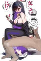 !? 1boy absurdly_long_hair absurdres barefoot bespectacled black-framed_eyewear black_camisole black_hair black_skirt blue_archive blush book breasts camisole clothed_female_nude_male commentary cosplay cowgirl_position doodle_sensei_(blue_archive) female full_body glasses goddess_of_victory:_nikke halo heart highres holding holding_book huge_breasts label_(nikke) label_(nikke)_(cosplay) long_hair looking_at_viewer mizikayo nude on_stool red_eyes rio_(blue_archive) sensei_(blue_archive) sideboob simple_background sitting skirt slippers solo_focus spoken_character spoken_heart spoken_interrobang stool straight symbol-only_commentary thumbs_up very_long_hair white_background white_slippers