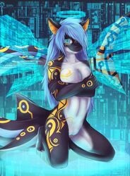 alysia anthro big_breasts blue_hair breasts crossed_arms digital_wings female fierysintle fish hair halo kneeling long_hair looking_at_viewer marine pussy shark tattoo wings