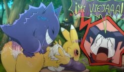 1boy 1girls ahe_gao big_ass big_penis black_sclera blush closed_eyes crossover cuckold cum cum_in_pussy cum_inside digimon doggy_style forest from_behind fucking furry gengar ghost grin hi_res impmon outdoor_sex outdoors penetration penis pokemon pussy renamon renamon_(digimon) sex spanish_text text trollreno vaginal_penetration