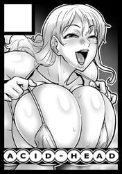 1girls acid_head bare_shoulders big_breasts blush breasts breasts_bigger_than_head eyebrows eyelashes female female_only fingers huge_breasts large_breasts lips long_hair mouth_open nami one_eye_closed one_eye_open one_piece open_mouth shoulders sweat tagme throat tongue wavy_hair