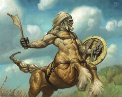 1monster 5_fingers animal_genitalia animal_penis balls beard centaur cloud day equid equid_taur european_mythology facial_hair fingers fur genitals greek_mythology hasbro holding_melee_weapon holding_object holding_shield holding_weapon hooves horse_genitalia horse_penis humanoid_taur magic:_the_gathering male mammal mammal_taur mark_zug melee_weapon monster muscular muscular_male mythology nude official_art outside penis scar scars_all_over sheath sheathed shield solo tail taur testicles visible_genitalia weapon wizards_of_the_coast