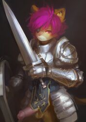 anthro armor balls circumcised erection eye_patch eyewear feline fighting_stance hi_res holding_object holding_weapon humanoid_penis knight looking_at_viewer male male_only mammal melee_weapon munks_(munkeesgomu) penis poking_out puinkey shield solo standing sword weapon