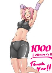 bike_shorts cameltoe green_eyes naruto naruto_shippuden pink_hair sakura_haruno smile sports_bra zeros