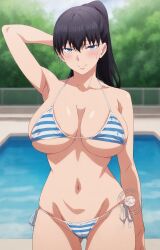1girls ai_generated background big_breasts bikini black_hair blush blushing_female bra breasts female female_only huge_boobs huge_breasts lokokabooster69 long_hair ponytail pool shuumatsu_no_harem smile solo solo_female toudou_akira_(shuumatsu_no_harem) trees water
