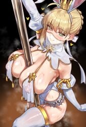 1girls ahoge artoria_pendragon blush bunny_ears bunny_tail bunnysuit crown ebora fate/grand_order fate_(series) female_focus female_only lord_logres_(fate/grand_order) pole_dancing seductive_look seductive_smile see-through see-through_clothing skimpy steamy sweat sweaty thick_thighs thighhighs wet wide_hips