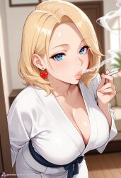 ai_generated bbw big_breasts big_lips blonde_female blonde_hair blowing_smoke chubby cigarette cigarette_in_hand cigarette_smoke cleavage heart_earrings kimono large_breasts mature mature_female pov_eye_contact seductive seductive_eyes seductive_look seductive_mouth sexy sexy_pose smoke_from_mouth smoking smoking_cigarette smoking_fetish solo_female