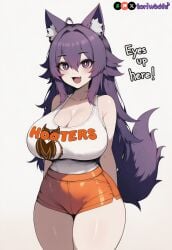 ai_generated big_breasts breasts cleavage curvy cute dog_ears dog_girl doggirl female female_focus highres hips hooters hooters_uniform huge_boobs huge_breasts kemonomimi light_skin light_skinned_female long_hair patreon_username petgirl petite purple_ears purple_eyes purple_hair purple_tail self_upload shorts tank_top thick_thighs thighs tori toriwoofs watermark wavy_hair white_background white_skin white_skinned_female wide_hips wolf_ears