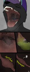 2025 absurd_res anthro blue_nose bodily_fluids canid canine canis close-up comic digestion drooling duo fangs fatal_vore fox fur headshot_portrait hi_res macromousie male male/male mammal mouth_shot open_mouth oral_vore organs parzivalrpl1 portrait purple_body purple_fur rumbling_stomach saliva stomach stomach_acid swallowing teeth throat tongue uvula vore wolf