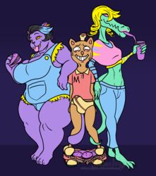 1boy 2girls alligator anthro big_breasts bratty_(undertale) breasts burgerpants catty_(undertale) clothed clothing crocodilian drinking ear_piercing erection erection_under_clothes feline female grin group huge_breasts male mammal midriff pants_down partially_clothed piercing reptile scalie smile sweat tongue tongue_out undertale underwear video_games wittless-pilgrim