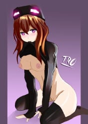 1girl solo breasts nipples thighhighs mouth_hold personification brown_hair clothes_lift black_thighhighs blush medium_breasts shirt_lift purple_eyes long_hair sitting pussy bottomless looking_at_viewer clothes_in_mouth wariza borrowed_character glowing sleeves_past_wrists kneeling pink_eyes hat shirt no_panties long_sleeves glowing_eyes andr_(mob_talker) mob_talker enderman minecraft therustyomni-blade