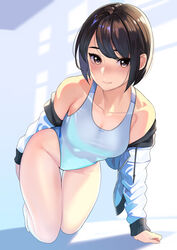 1girls absurdres backlighting bangs bare_shoulders blush breasts brown_eyes brown_hair closed_mouth collarbone female female_only highleg highleg_swimsuit highres jacket kagematsuri kneeling leaning_forward looking_at_viewer medium_breasts mole mole_under_eye off_shoulder one-piece_swimsuit open_clothes open_jacket original short_hair smile solo solo_female swept_bangs swimsuit thighs white_jacket white_swimsuit wide_hips