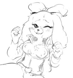 akunim anthro black_and_white blush bow breasts canine canine clothing cum cum_on_breasts cum_on_face exposed_breasts eyelashes fay_spaniel female mammal monochrome nintendo nipple_bulge smile star_fox video_games