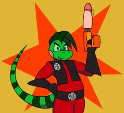 animated anthro clothing dildo drill gloves green_eyes iguana iguanasarecool lizard male male_only reptile scalie sex_toy stripes