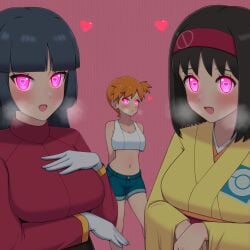 1:1_aspect_ratio 3girls :d :o arms_behind_back asymmetrical_hair bangs black_hair blue_shorts blunt_bangs blush breasts breath brown_hair clavicle clothing crop_top denim denim_shorts erika_(pokemon) erika_(pokemon_frlg) eyelashes female gloves glowing glowing_eyes group hairband hand_on_chest hand_on_own_chest hand_up headband headwear heart heart-shaped_pupils high_resolution hime_cut hypnosis jacket kasumi_(pokemon) kimono large_breasts long_hair long_sleeves looking_at_viewer medium_hair midriff mind_control misty_(pokemon_lgpe) multiple_girls navel nintendo one_side_up open-mouth_smile open_mouth orange_hair pink_eyes poke_ball_print poke_ball_theme pokemon pokemon_character pokemon_rgby ponytail red_hairband red_headband red_jacket robe sabrina_(pokemon) sabrina_(pokemon_frlg) shirt short_hair shorts side_ponytail sidelocks skirt sleeveless sleeveless_shirt smile steam symbol-shaped_pupils tank_top tied_hair traditional_clothes wafuku white_gloves white_shirt wide_sleeves yellow_kimono