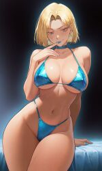 ai_generated bikini blonde_hair blue_bikini blue_thong blush cameltoe choker cleavage covered_nipples emma_frost emma_frost_(marvel_rivals) finger_to_mouth g-string large_breasts marvel marvel_comics sideboob thick_thighs thong underboob x-men