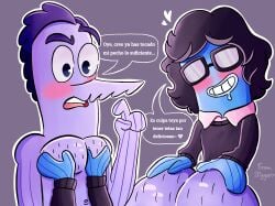 anthro black_hair blush charlton_hawkfish delicious_pecs fish gay glasses hairy_chest male/male male_only nickelodeon ocxcanon pecs pecs_grab pecs_touching pectoral_grab pectoral_press sawfish selfinsert selfship selfshipping spongebob_squarepants text text_bubble