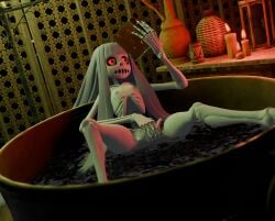 3d_(artwork) absurd_res animated_skeleton bath bathing bathroom bathtub bone book candle candlelight digital_media_(artwork) female finger_fuck fingering fingering_self flat_chested genitals hair hi_res holding_book holding_object humanoid karaka_(merafume) light long_hair looking_at_object lorded masturbation not_furry nude partially_submerged reading red_eyes rib_cage skeleton skull solo spread_legs spreading undead vaginal_masturbation vaginal_penetration vulva water white_body white_hair